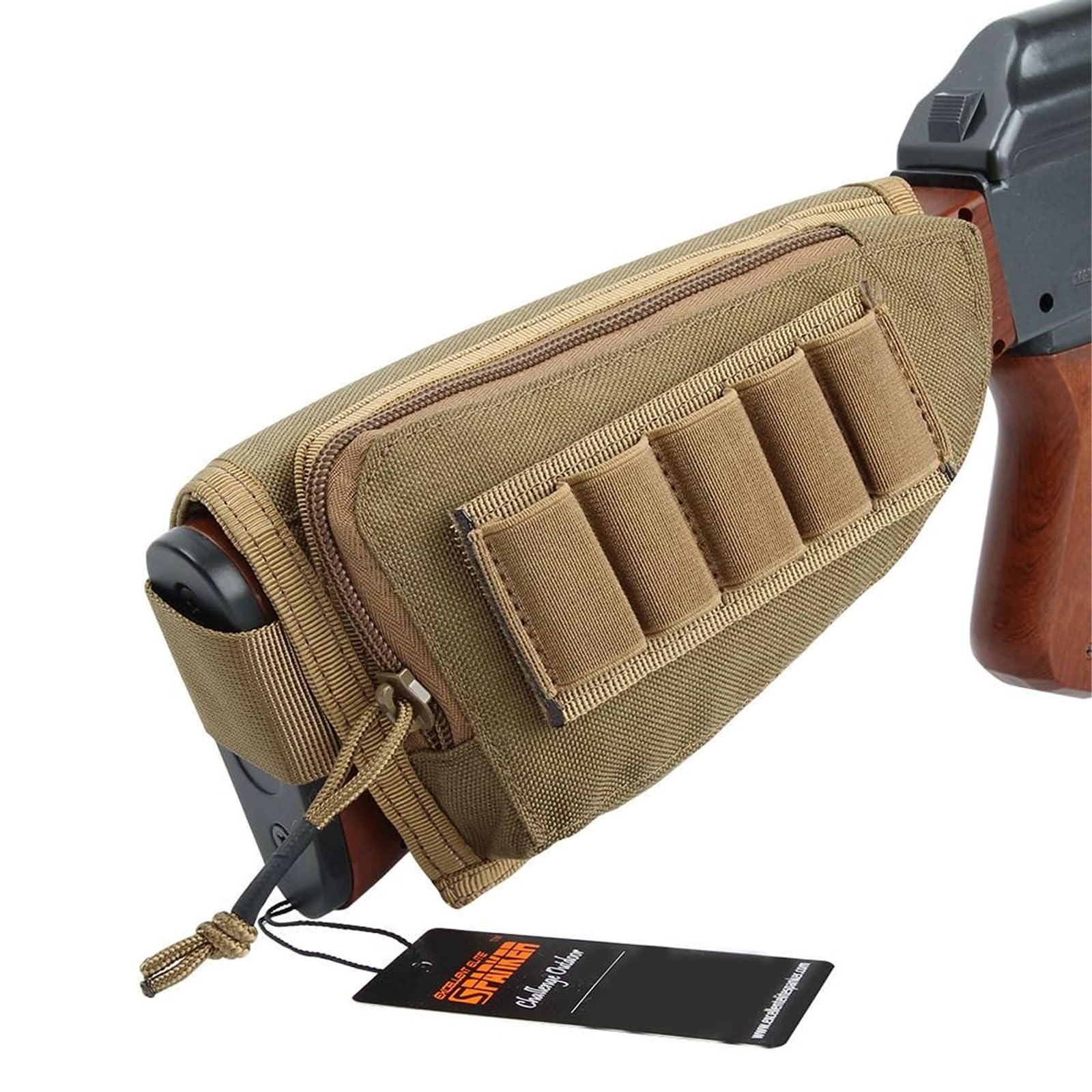 EXCELLENT ELITE SPANKER Shotgun Rifle Stock Tactical Nylon Buttstock Shell Pouch Ammo Holder with Zippered Pouch(Coyote Brown)
