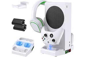 AUARTE Charging Stand for Xbox Series S Console with Cooling Fan,Dual Controller Charger Station Accessories,2X 1400mAh Rechargeable Batteries Packs,Gaming Headset Holder for Xbox Series S