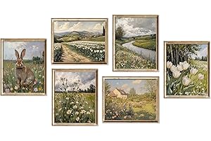 WINDVALE Spring Wall Art Prints Set – Vintage Countryside Landscape Artwork with Bunny, Meadow Flowers & Rural Scenery, Rusti
