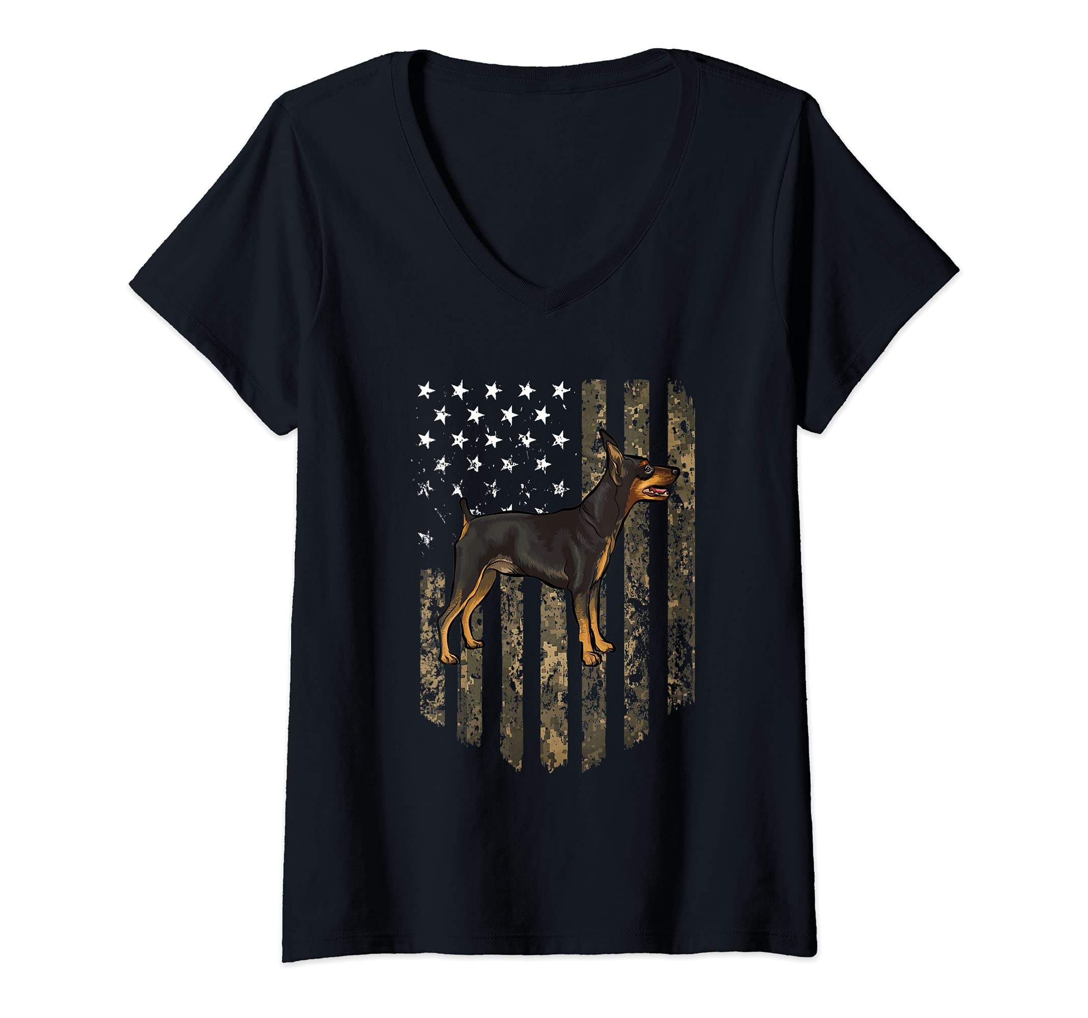 Womens Camo American Flag Miniature Pinscher 4th Of July USA V-Neck T-Shirt