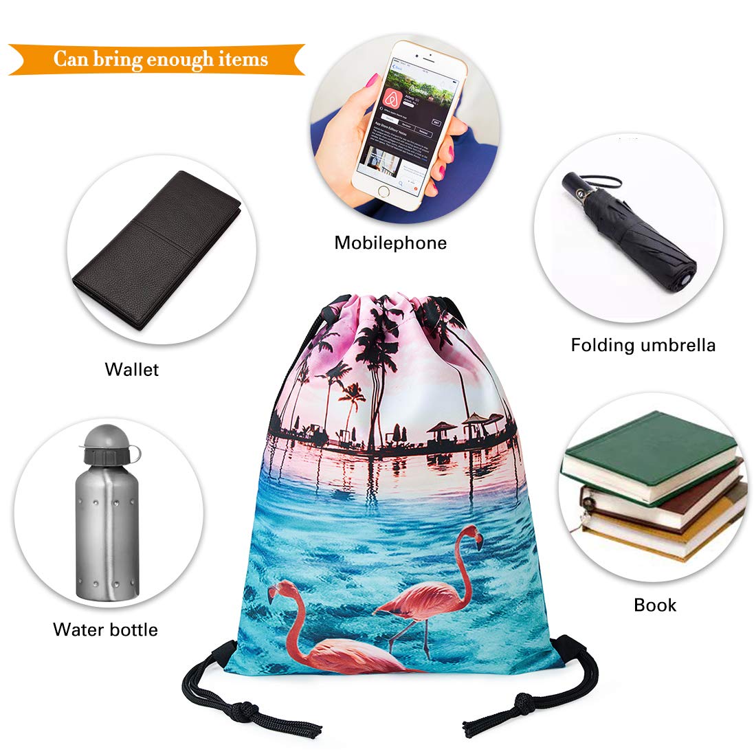 TUONROAD Childrens Travel Hiking School Drawstring Backpack 3d Custom Prints Lightweight Vacation Holiday Beach Theme Palm Tree Pink Flamingo Light Blue Seawater Sunset Glow Cute String Sack Pack