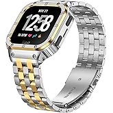 SUPLINK Metal Case with Band Compatible with Fitbit Versa 4/3/2,Fitbit Versa Lite,Fitbit Sense 2/Fitbit Sense,Stainless Steel Protective Cover with Strap for Men,Silver/Gold
