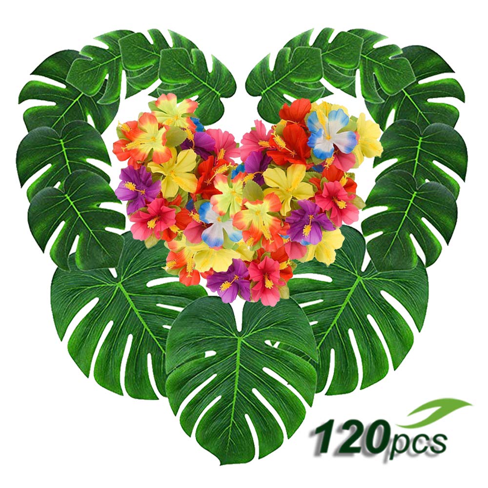 Coodoo 1pcs Palm Leaves And Hawaiian Hibiscus Flowers Tropical Party Decorations Set Artificial Leaves Greenery Decor Jungle Theme Party Supplies For Hawaiian Luau Party Birthday Baby Shower Beach Artificial Plants Greenery