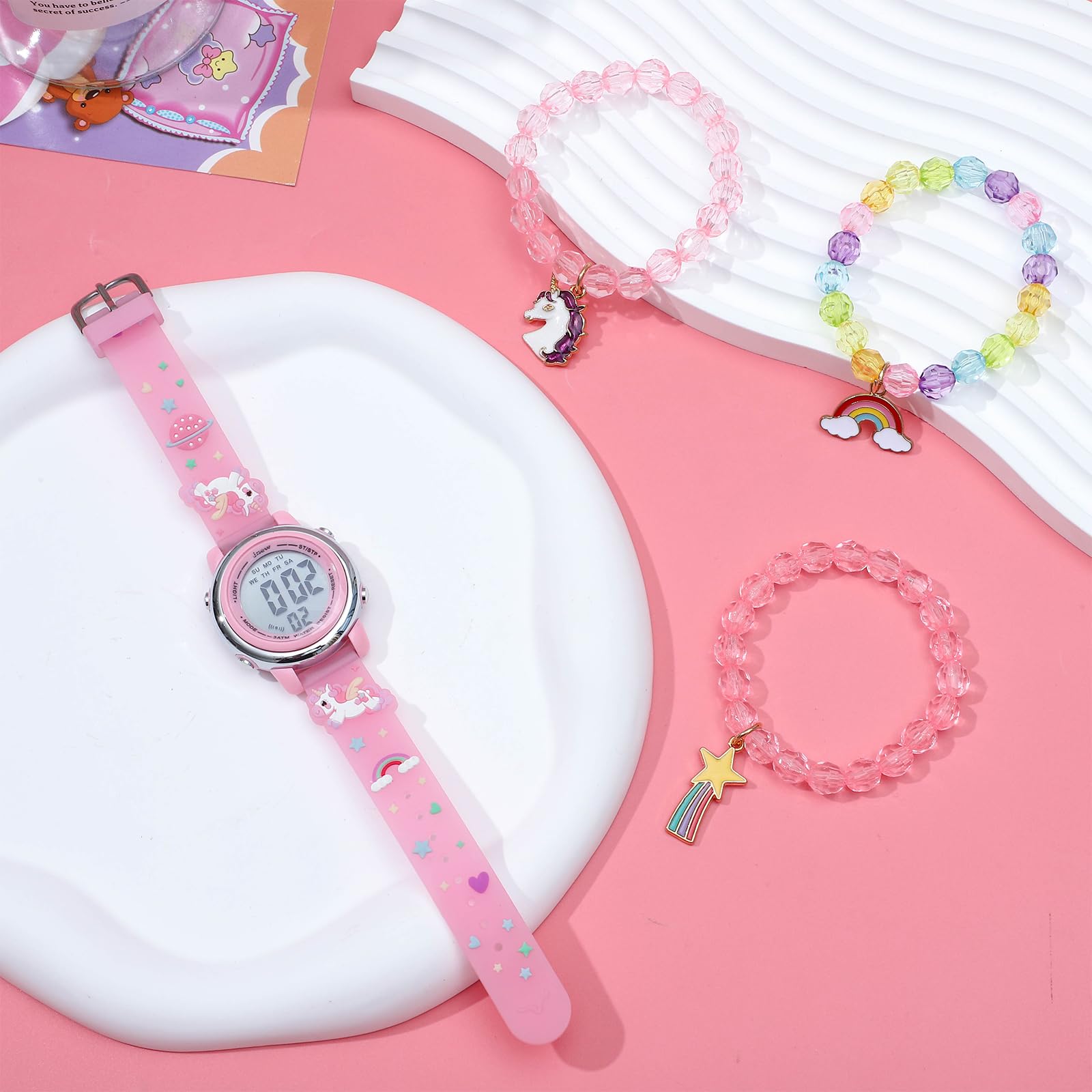 NEWITIN 4 Pieces Girls Watch Bracelets Set Multifunctional 7 Color Lights Digital Sport Alarm Stopwatch 3D Waterproof Unicorn Watch Jewelry Set for Girls 3-10 Years Old Kids
