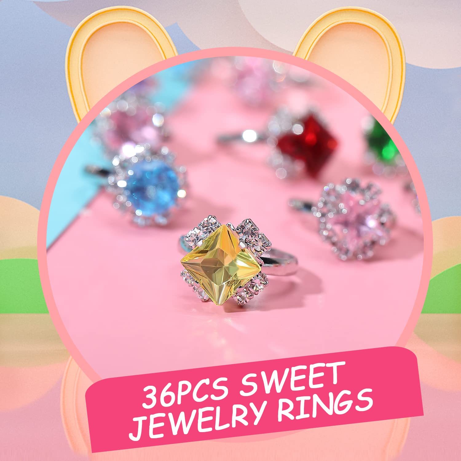 PinkSheep Jewel Rings for Kids 24pc Adjustable No duplication Girl Pretend Play and Dress Up Rings