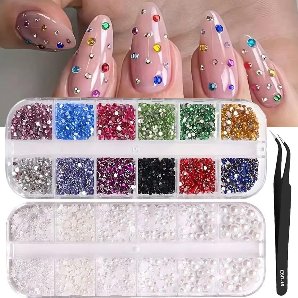 Photo 1 of 24Grid Shiny Colorful Nail Art Rhinestones 3D Flatback Rhinestones Pearl Nail Charms and Crystals Gems Nail Accessories for Acrylic Nail Tips Manicure Decor