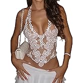 Womens Floral Sheer Halter Top Sleeveless Tie Backless Camisole Sexy See Through Flower Embroidered Tank Tops