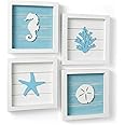 TideAndTales Ocean Beach Themed Room Decor (Framed Set of 4) Coastal 3D Wall Art with Starfish, Seahorse, Sand Dollar and Cor
