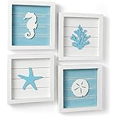 TideAndTales Ocean Beach Themed Room Decor (Framed Set of 4) Coastal 3D Wall Art with Starfish, Seahorse, Sand Dollar and Cor