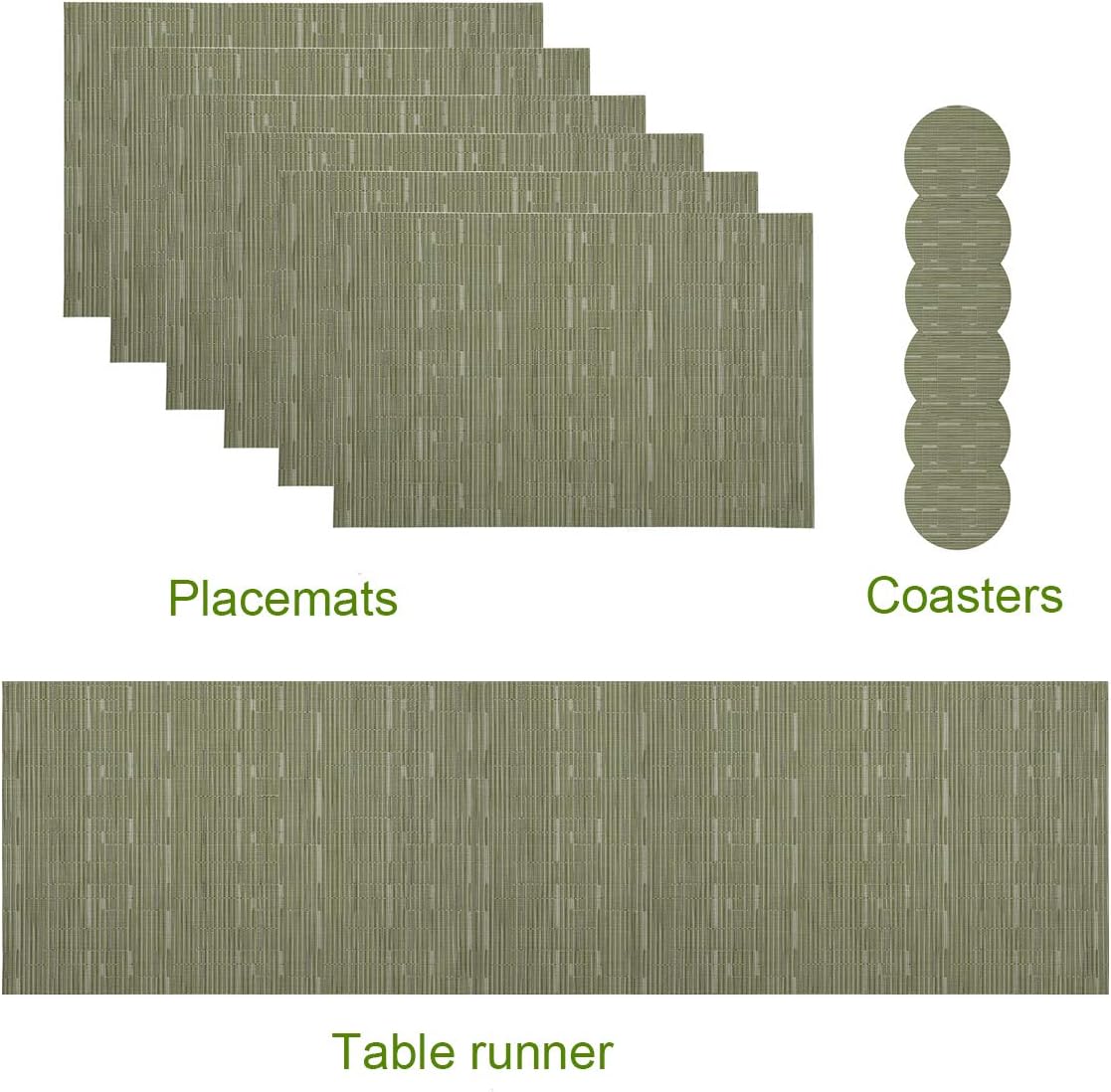 Desun Set of 6 Plcemats Heat Insulation Kitchen Dining Table Mats Set of 6 with a Compatible Table Runner and 6 Coasters (Green)