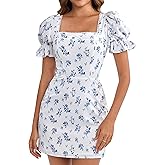 HTZMO Women Floral Puff Short Sleeve Summer Sundress Lace Square Neck Casual Boho Beach Vacation Cute Mini Dresses