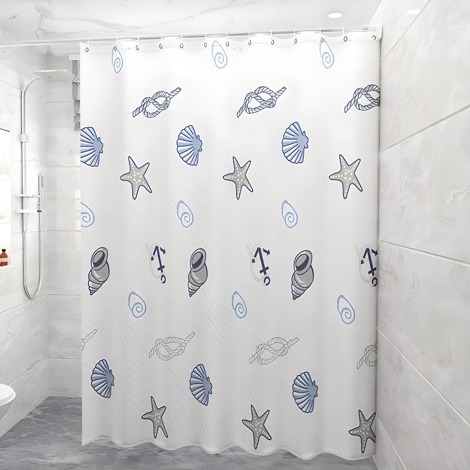 LHLZNB Shower Curtains Mould Proof Resistant - Fashion Patterned Semi-Transarent Shower Curtain, PEVA Waterproof Bathroom Curtains with 12 Hooks, 200 x 180 cm (Blue conch)