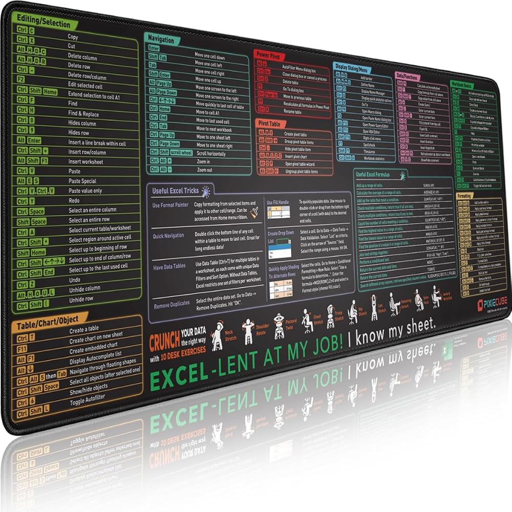 Pixiecube Excel Shortcut Keys Mouse Pad Extended Large XL 800x300mm
