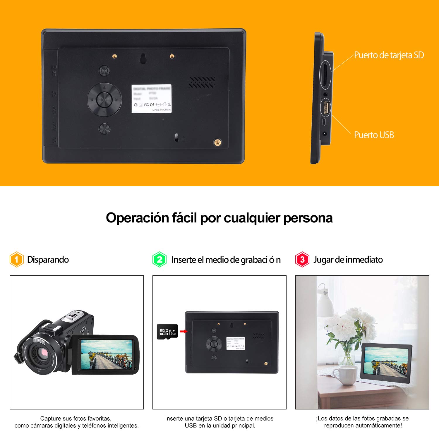 Marco Digital 7 Pulgadas Pantalla IPS Full HD, Marco de Fotos Digital HD Reproductor de Audio MP3 MP4/el Interruptor del Temporizador/Reloj/Calendario/con Control Remoto（Incluye Varilla de Soporte）