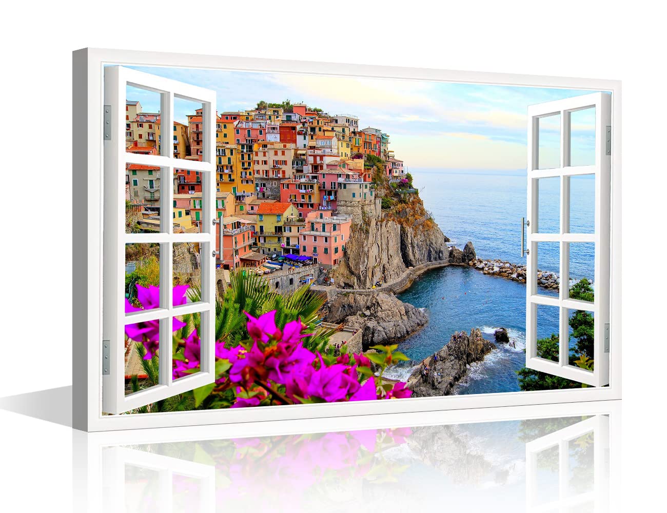 TISHIRON 3D Window Effect Canvas Wall Art Italy Town Rio Maggiore Cinque Terre Painting Framed Canvas Paintings Ready to Hang for Bathroom Living Room Bedroom Home Decorations 12x18inch — image 1