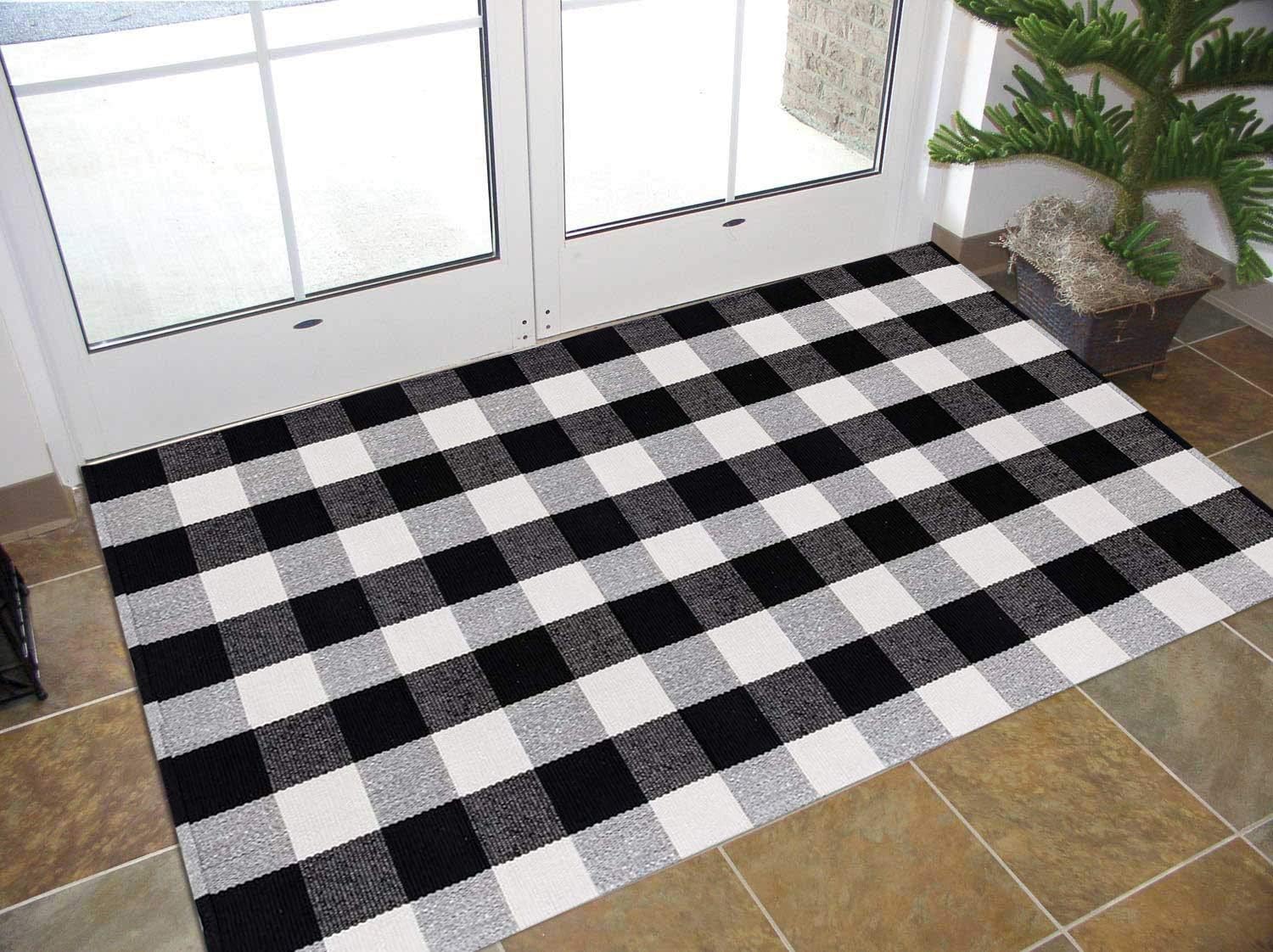 2x3 ft, Black White SHACOS Black White Buffalo Check Rug 2x3 ft Cotton