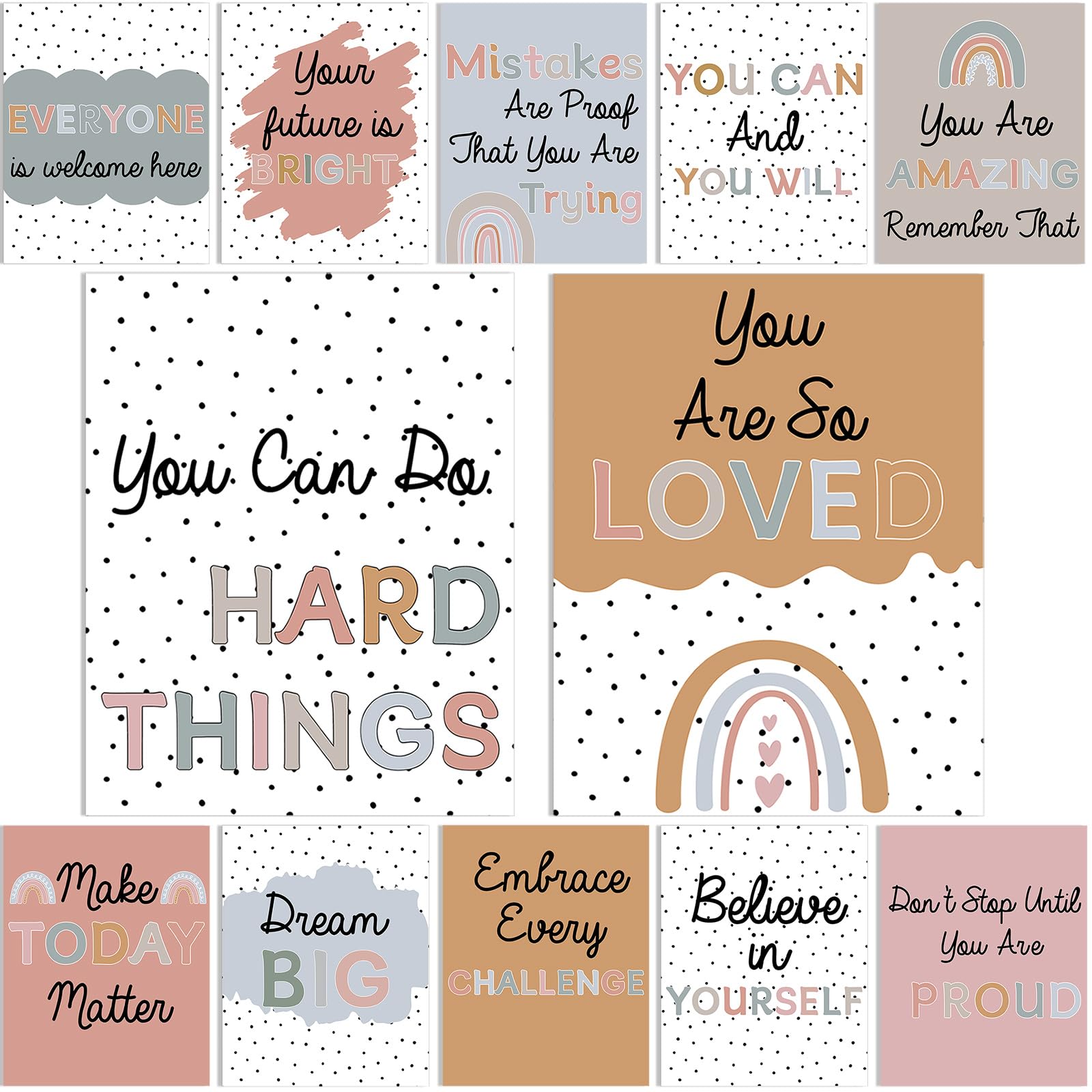 Photo 1 of Nezyo 12 Pcs Boho Painted Dots Classroom Posters, Polka Dots Rainbow Inspirational Wall Art Educational Poster for Girls Boho Classroom Nursery Bedroom Decorations, 11 x 14 Inch(Classic)