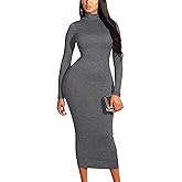 GOBLES Women's Elegant High Neck Long Sleeve Bodycon Midi Party Long Dress