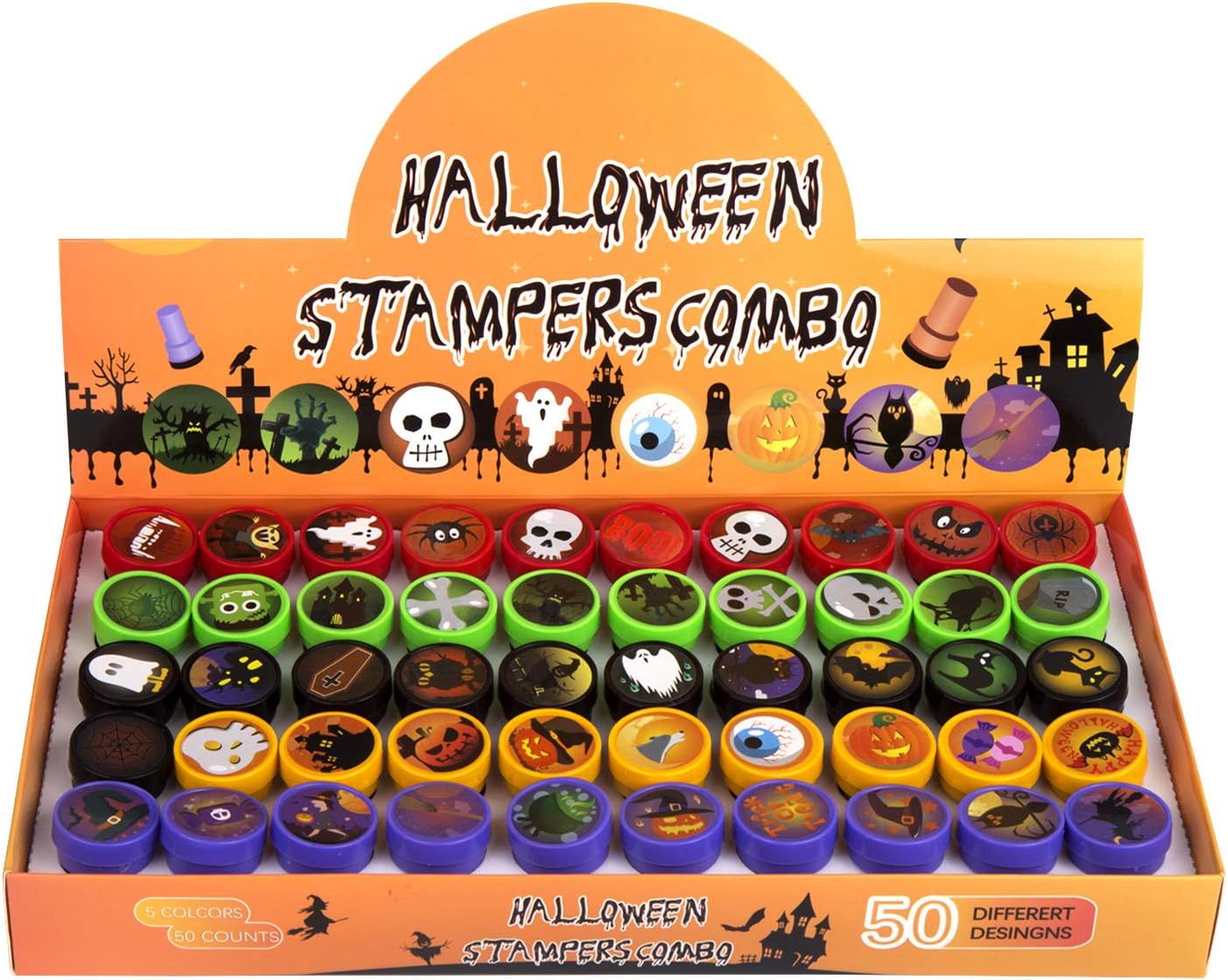FINGOOO Halloween Stamps for Kids 50 Pcs Self-Ink Stamps Halloween Design Plastic Stamp for Party Favor Party Bag Filler Supply - Image 3