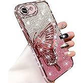 Changjia for iPhone 16e Glitter 3D Butterfly Case,Cute Luxury Bling Sparkly Diamond Rhinestones Liquid Flowing Case with Camera Lens Protector Soft TPU Bumper Women Girls for iPhone 16e 6.1" 2025,Pink