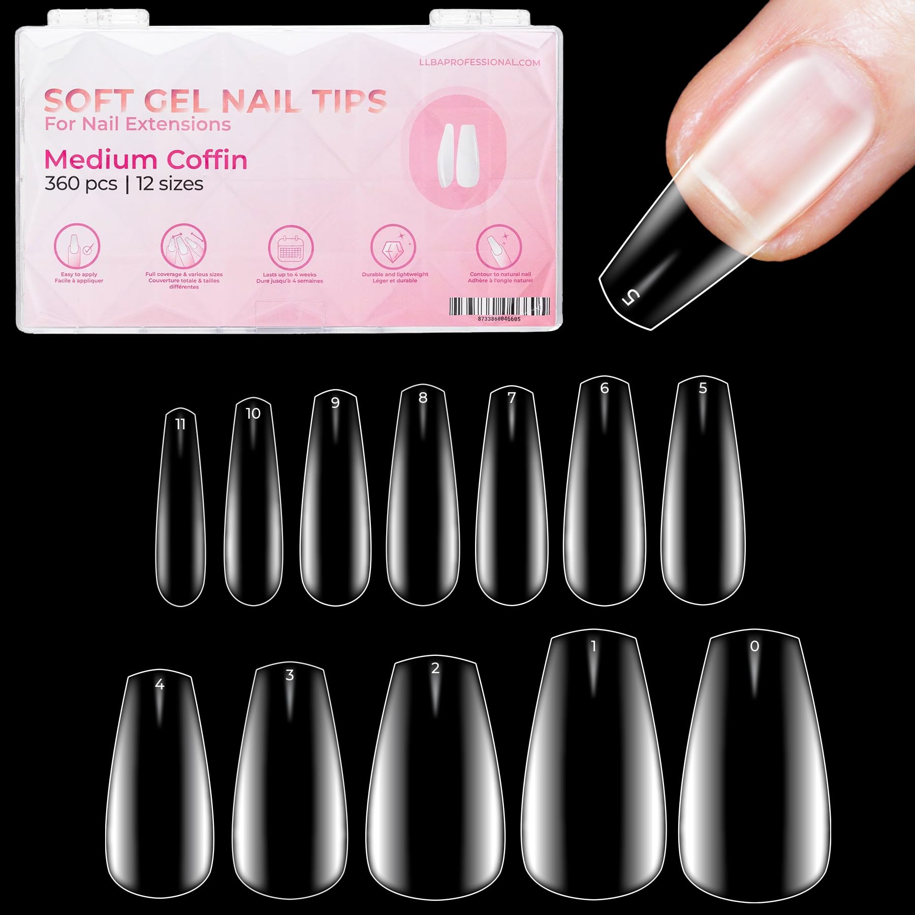LLBA Soft Gel Nail Tips - 360Pcs Soft Gel Nail Extension Tips, 12 Sizes Clear Full Cover Fake Nails for Nail Extension, Long-Lasting Salon Quality, Natural Look & Comfortable Wear (Coffin, Medium)