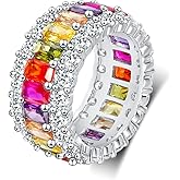 MDFUN 18K White Gold Plated Halo Wedding Ring Eternity Band for Women, Sparkling Colorful Cubic Zirconia Rings Size 5-10