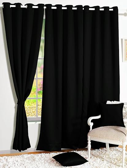 Story@Home Room Darkening Blackout Plain Faux Silk Premium Solid 2 Piece Window Curtain, 5ft, Black