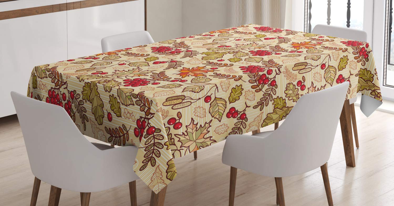 ABAKUHAUS Rowan Tablecloth, Fall Season Themed Mixed Pattern with Maple Birch Oak Autumn Leaves and Ashberries, Dining Room Kitchen Table Cover, 54" x 66", Beige Green Red