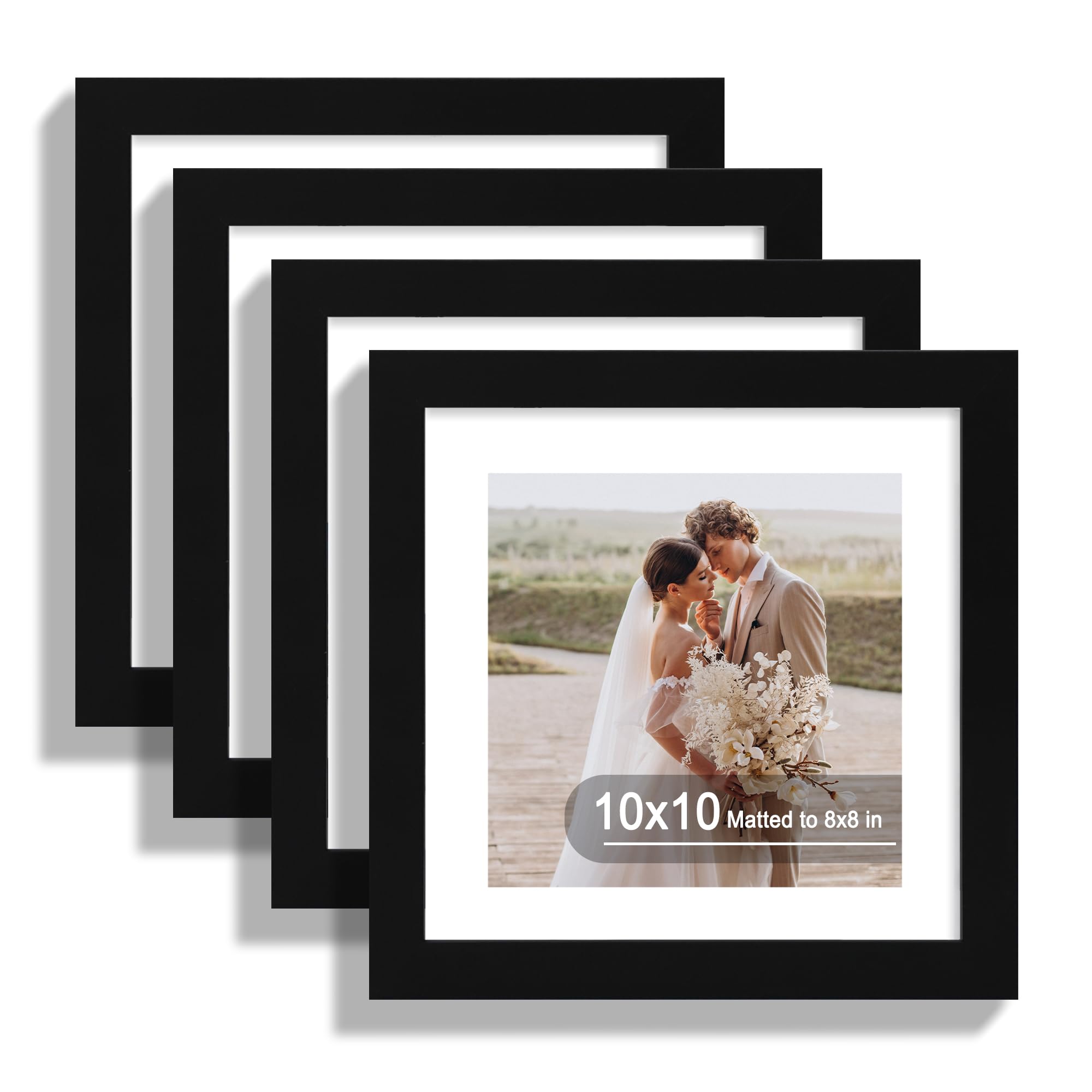 Photo 1 of Hongkee 10x10 Picture Frame Set of 4, Made of Real Glass and Black Wooden Frame - Display Picture 8x8 with Mat or 10 x 10 Without Mat, 10 by 10 Photo for Wall or Tabletop