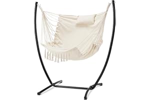 Homgava Hammock Chair with Stand,Heavy-Duty Hanging Bohemian Style Chair with Stand, for Indoor Outdoor,with Headrest and Side Pockets, Maximum Load Capacity 330lbs (Beige)