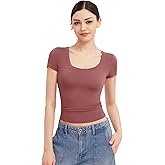 PUMIEY Short Sleeve T Shirts for Women Scoop Neck Top Basic Going Out Crop Tops Summer Slim Fit Tee Shirt Marsala, X-Large