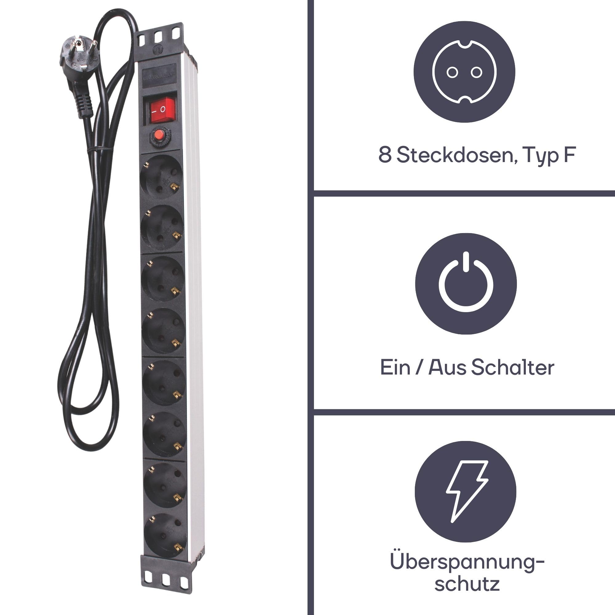 Perel PDU-Steckdosenleiste mit 8 Schuko-Steckdosen Typ F, Schalter und Überspannungsschutz, 2,15 m H05VV-F 3G1.5-Kabel, 3680 W Stromverteiler für 19-Zoll-Rack, Serverschrank und Büro 4