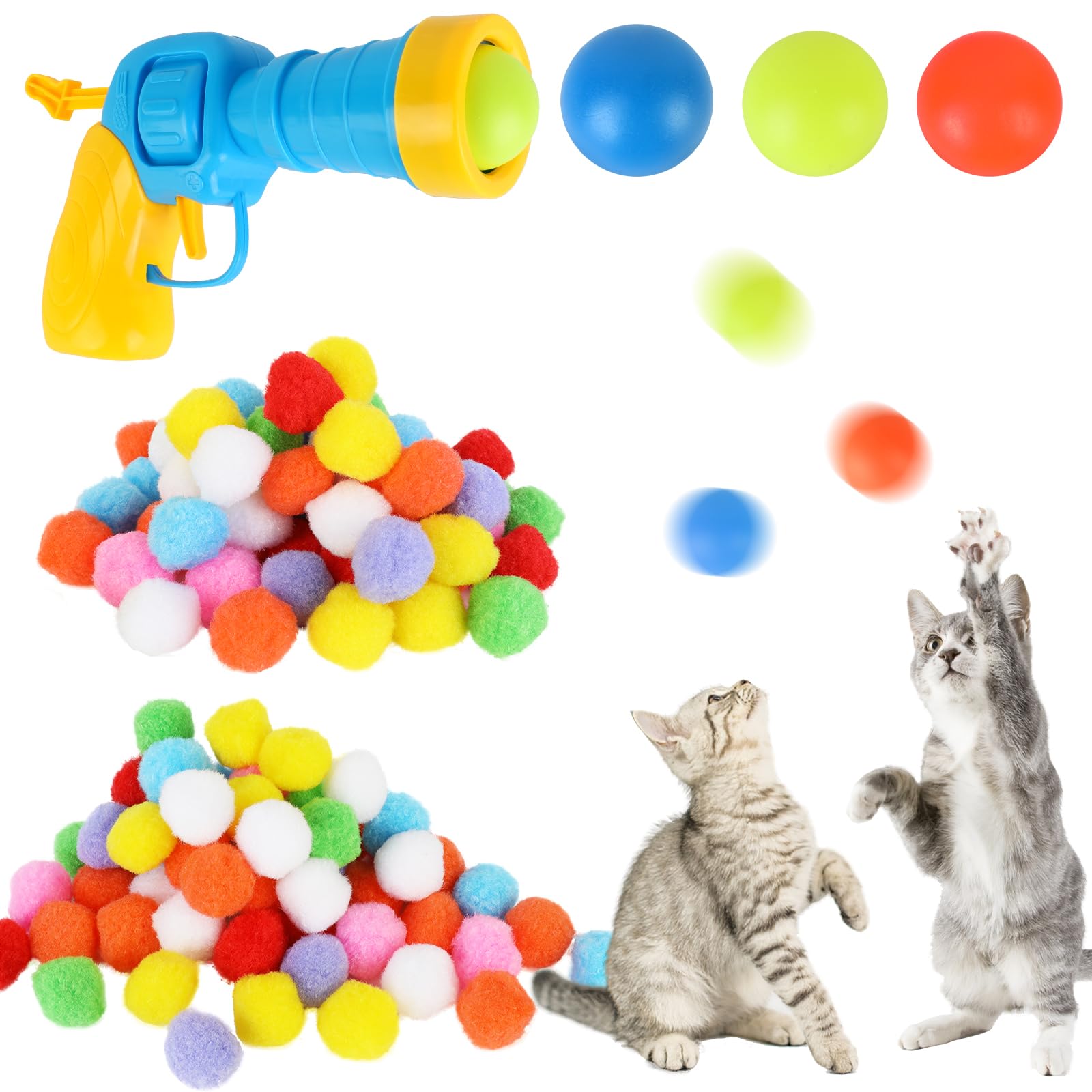 Interactive Cat Toys,Fuzzy Ball Shooter for Cats,Launcher Plush Ball Shooting Gun with 100pcs Soft Cat Pom Pom Balls,3 Cat Bouncy Balls,Cat Fetch Toys for Cats Kitten Exercise Training Playing Toys