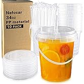 10 Pack 34oz Plastic Cups with Lids and Straws, Disposable Iced Coffee Cups with Lids,Sturdy & Food Safe Drink Buckets for Cold/Hot Drinks,Smoothies, Fruit Drinks Cups Summer Beverages,Bar/Beach Party