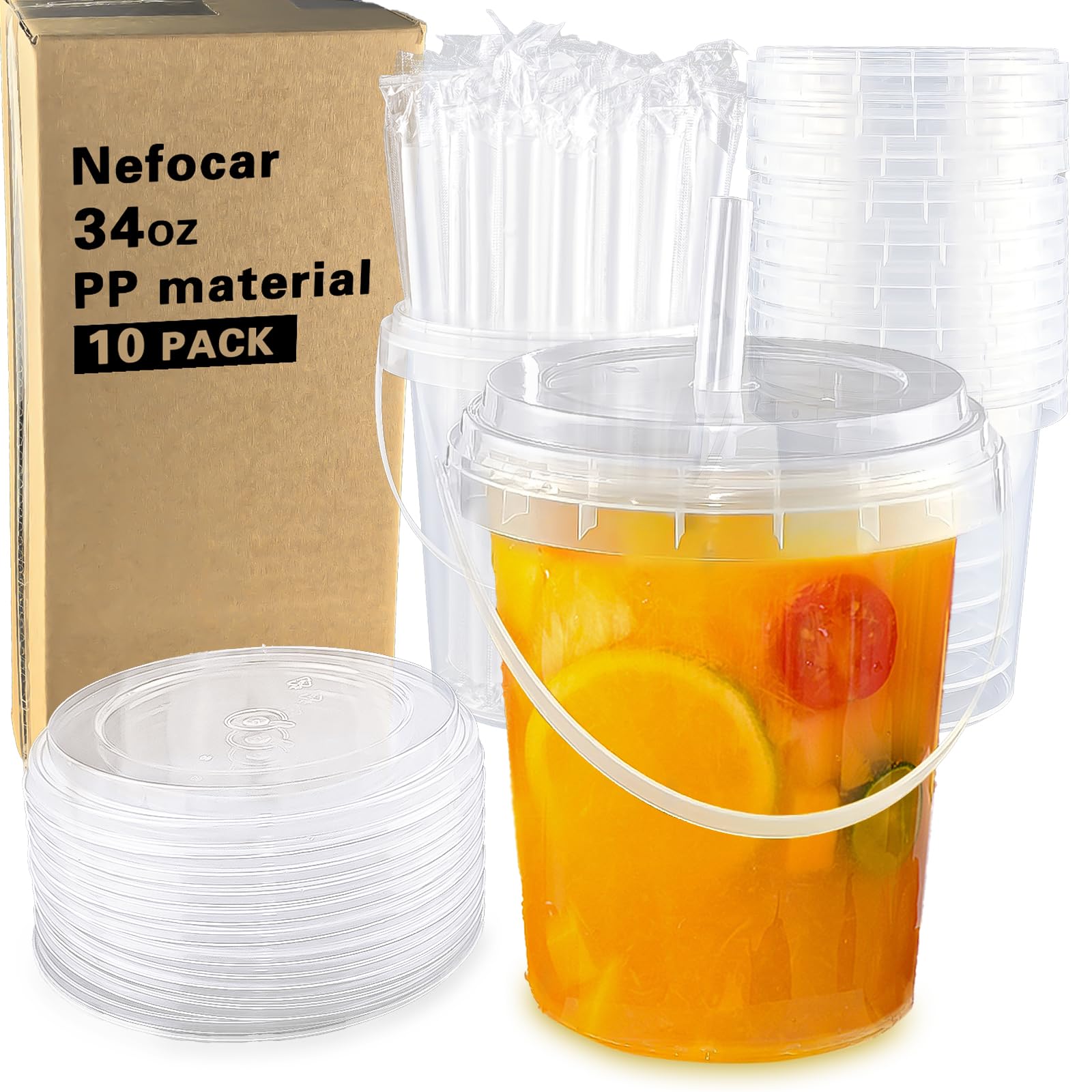 Photo 1 of 10 Pack 34oz Disposable Plastic Cups with Lids and Straws, Iced Coffee Cups with Lids, Sturdy & Food Safe for Cold & Hot Drinks, Smoothies, Fruit Drinks Cups for Summer Beverages, Bar & Beach Party