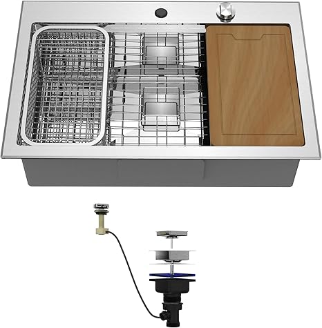 Amazon 33インチ シングルボウル 16ゲージ ステンレススチール アンダーマウント キッチンシンク ワンキー排水 バーランドリーファームハウス ハンドシンク バスケットシンク ボトムグリッド 排水口カバー シンクストレーナー Am002 キッチンシンク