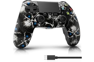 ISHAKO Controller for PS4, Wireless Controller with Double Shock/6-Axis Motion Sensor/Speaker & 3.5mm Audio Jack/Touch Pad/800mAh Battery/USB Cable, Ergonomic Grip – Black Skull Design