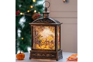 QUALDOUT 12.5'' Fall Snow Globe Lantern - Thanksgiving Glittering Lighted Lantern, Fall Decorations Autumn Harvest Day Gifts, Home Fall Halloween Decor (Scarecrow &Turkey)