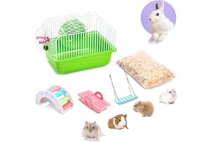 PStarDMoon Portable Hamster Cage with Running Exercise Wheels, Water Bottle, with Rainbow Hamster Toys and Sawdust, for African Miniature Rabbit Chinchilla Squirrel and Other Small Animals (Green)