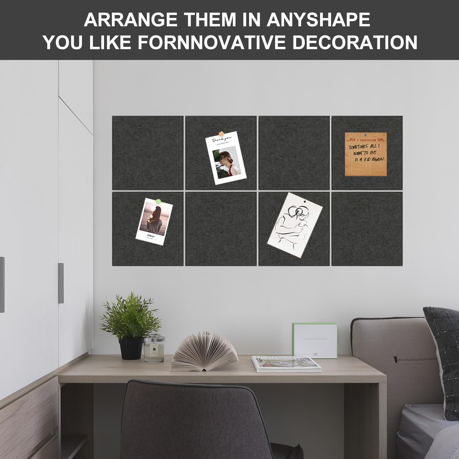 Filz Pinnwand,12 Stück Selbstklebende Korkplatte,30x30CM Groß,DIY Filz Memoboards Set für Fotos,Zeitpläne,Bulletin Board für Kinderzimmer,Klassenzimmer,Büro(montiert 121.9 cm x 96.5 cm) Dunkelgrau 4