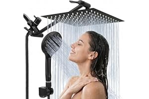 Shower Head, 8‘’ High Pressure Rainfall/Handheld Shower Combo with 11'' Extension Arm, 9 Settings, Anti-Leak Shower Head with