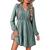 Dokotoo Spring Dresses for Women 2026 Elegant Lace Hollow Out Embroidered V Neck Long Sleeve Casual A-Line Swing Mini Dress