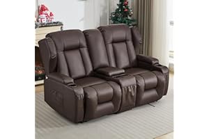 SAMERY 65.5" RV Loveseat Recliner Double Recliner RV Sofa & Console | Wall Hugger Loveseat Reclining RV | RV Theater Seats | RV Couch | RV Home Theater Seating Furniture (Faux Leather Brown)