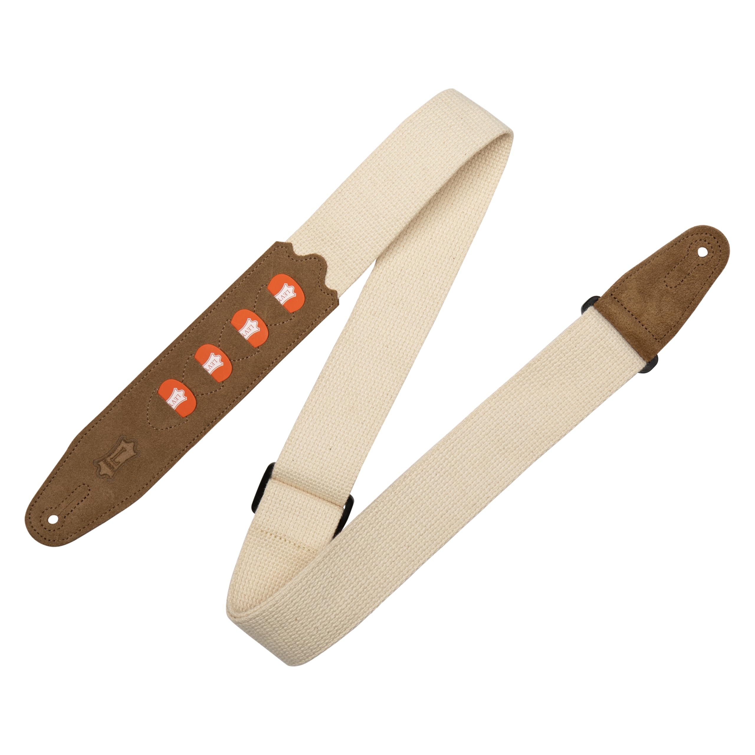 Levy's LEATHERS LIMITED Unisex's 2" Natural Cotton Holder Strap with Extended Brown Suede Ends Hold 4 Picks and Adjusts from 37" to 59" Guitar, Standard