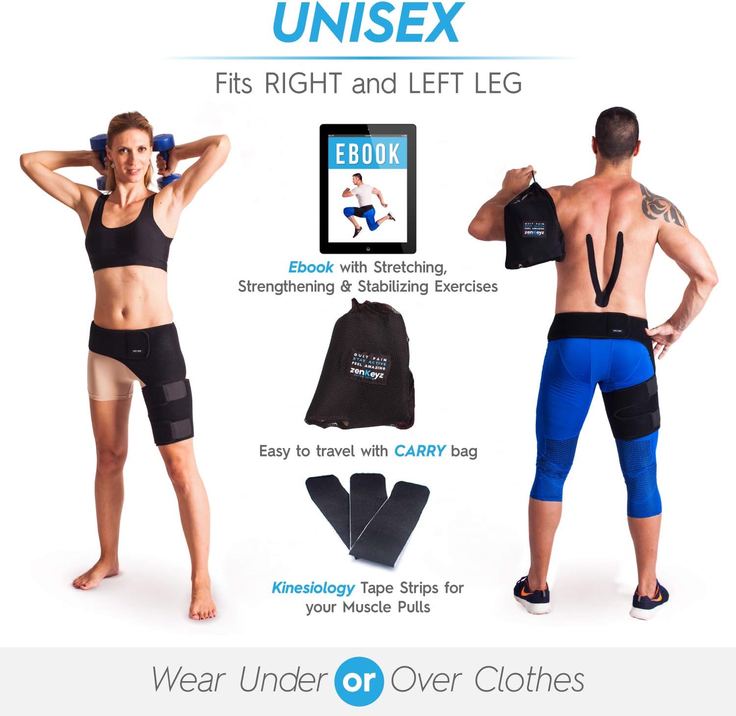 ZENKEYZ Groin Support and Hip Brace for Men & Women- Compression Wrap for Thigh Quad Hamstring Joints Sciatica Nerve Pain Relief Leg Strap (Non-Slip Design): Health & Personal Care