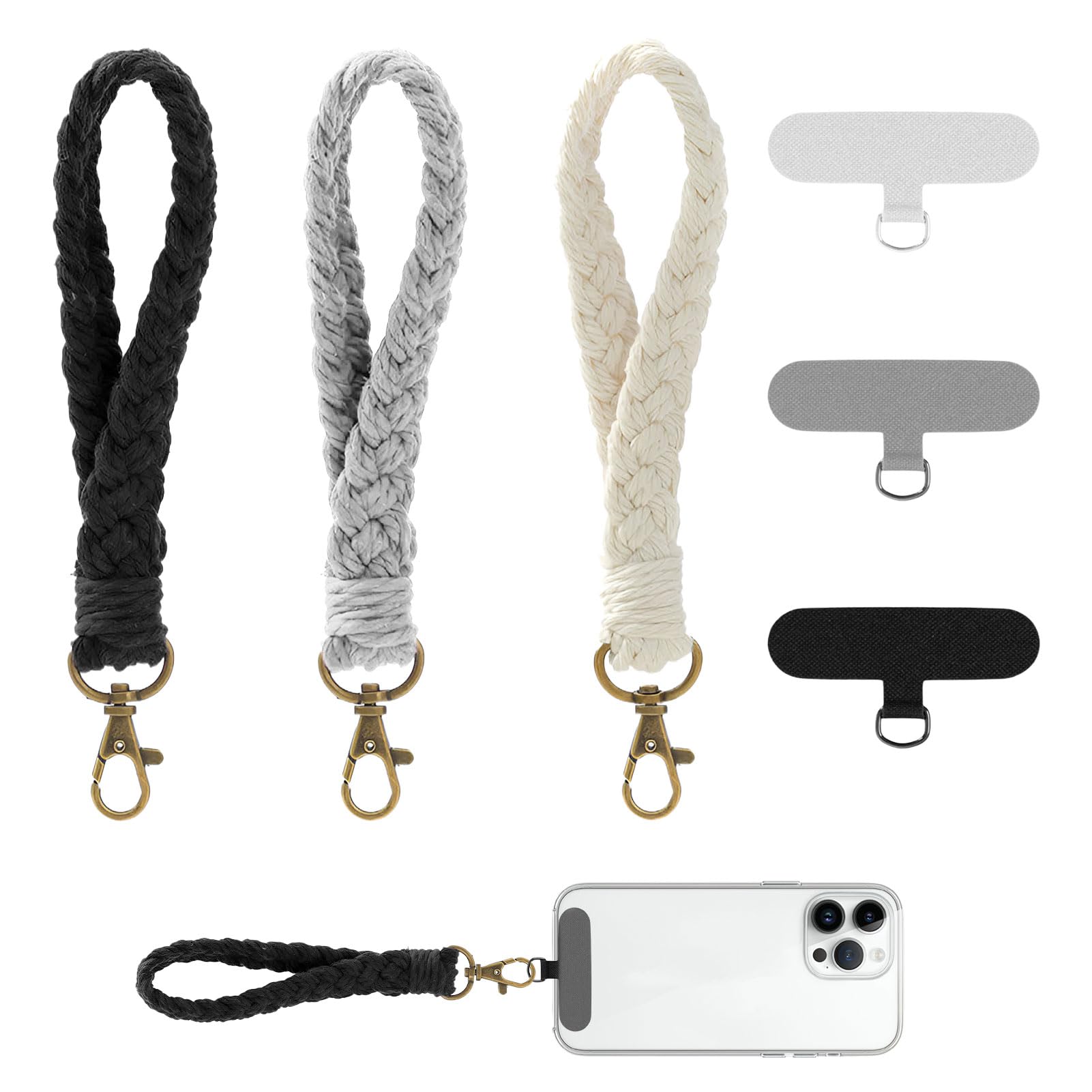 Qianeffort Phone Wrist Strap, 3-Pack with Tether Tabs, Bohemian Style, Cotton, White, Gray, Black
