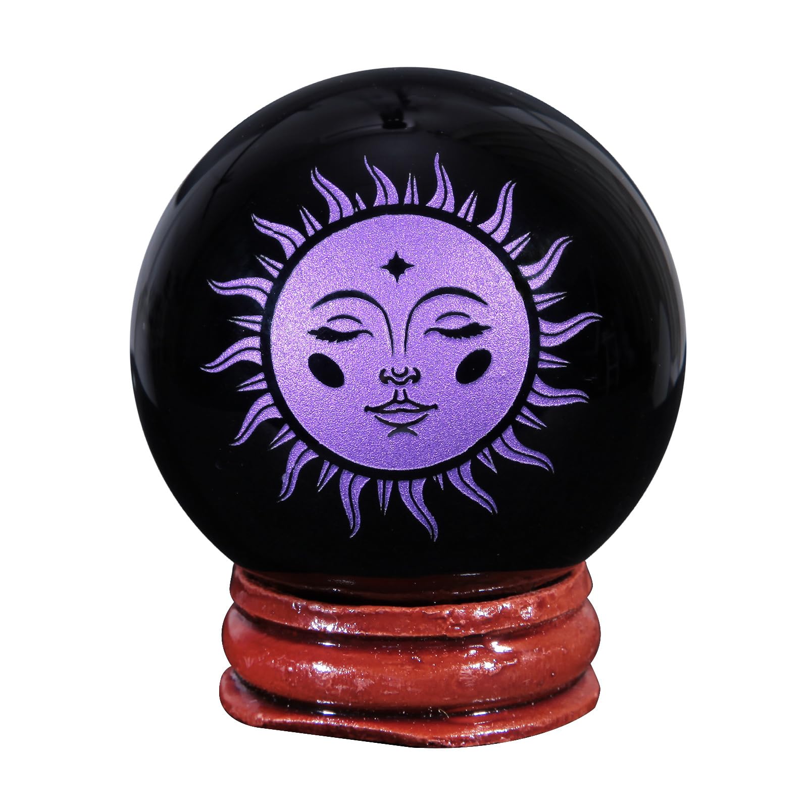 mookaitedecor Engraved God of Sun Symbol Black Obsidian Crystal Ball Sphere Ornament with Wooden Stand, Healing Crystal Stone Wiccan Witchcraft Gift Reiki Spiritual Room Desk Decor(Purple)