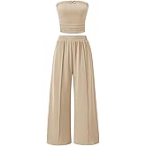 ZESICA Women's 2026 Summer 2 Piece Vacation Outfits Strapless Crop Tube Tops and Wide Leg Pants Travel Matching Sets