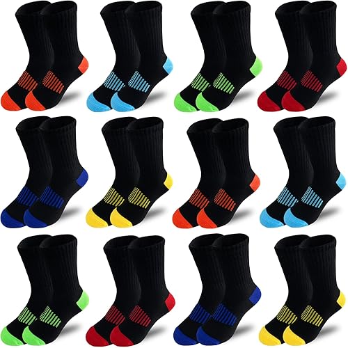 JAMEGIO Boys Crew Socks 12 Pairs Stretch Cushioned Athletic Cotton Sock for Big Little kids,Socks for Boys Age 2-8(2-4 Years)