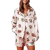 Women Christmas Pajamas Shorts Set Santa Claus Pjs Long Sleeve Button Down Shirt+Pants 2 Piece Xmas Jammies Loungewear